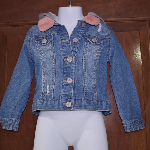 Girls Denim Jacket Hooded Size 3T Fur Collar - Picture 1 of 15